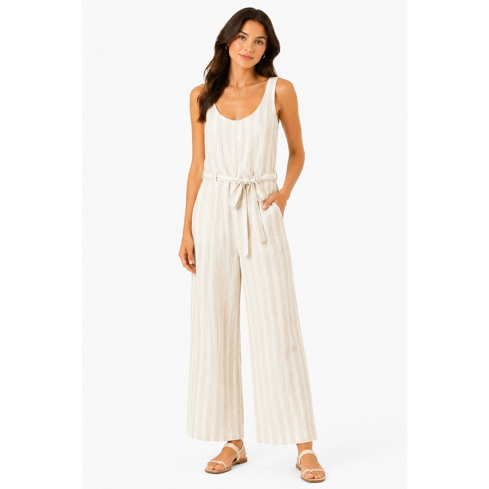 St Tropez West Linen Striped Jumpsuit Beige White Wide Leg Belted Womens 6